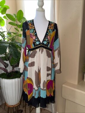 Nicole Miller Black Multi-Color Embroidered Midi Dress